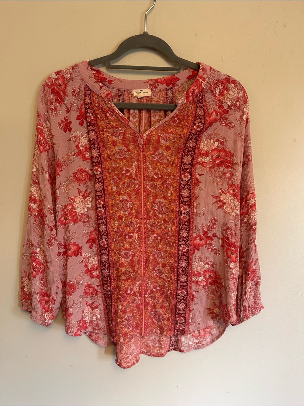 Floral Pink Boho Peasant Tunic with Embroidered Front Panel